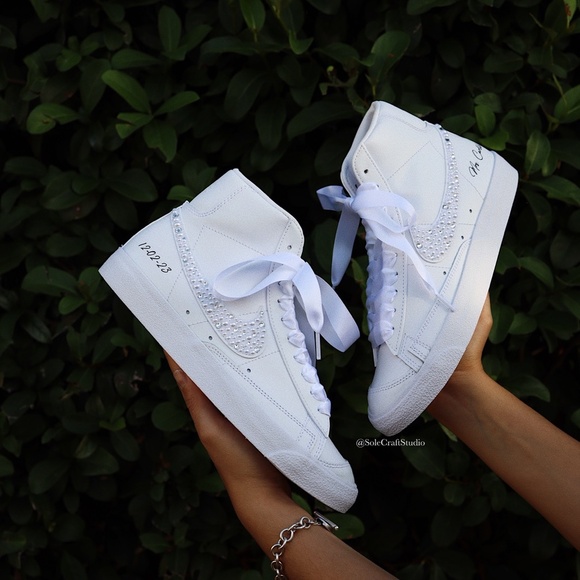 Wedding Sneakers for Bride Personalized Nike Blaze Mid with Rhinestones & Pearls - Picture 5 of 9